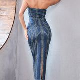 Denim Print Tube Maxi Dress