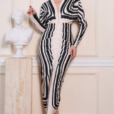 Geometric Stripe Deep V-neck Midi Dress