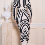 Geometric Stripe Deep V-neck Midi Dress