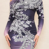 Gradient Unbalance Shoulder Long Sleeve Midi Dress