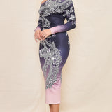 Gradient Unbalance Shoulder Long Sleeve Midi Dress