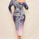 Gradient Unbalance Shoulder Long Sleeve Midi Dress