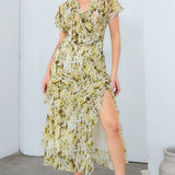 Chiffon Frill Slit Dress