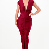 Solid Deep V-Neck Shirring Midi Dress