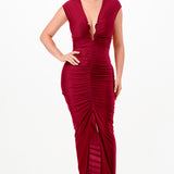 Solid Deep V-Neck Shirring Midi Dress