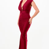 Solid Deep V-Neck Shirring Midi Dress