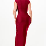 Solid Deep V-Neck Shirring Midi Dress