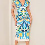 Plunge V-neck Shirring Midi Dress