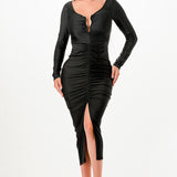 Solid Deep V-Neck Shirring Long Sleeves Midi Dress