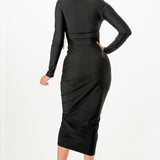 Solid Deep V-Neck Shirring Long Sleeves Midi Dress