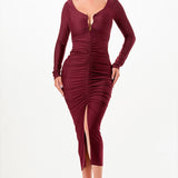Solid Deep V-Neck Shirring Long Sleeves Midi Dress