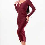 Solid Deep V-Neck Shirring Long Sleeves Midi Dress