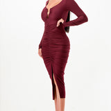Solid Deep V-Neck Shirring Long Sleeves Midi Dress