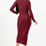 Solid Deep V-Neck Shirring Long Sleeves Midi Dress