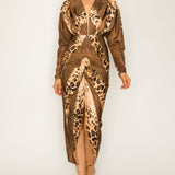 Leopard Deep V-neck Long Dolman Sleeve Midi Dress