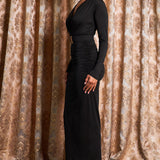 Deep V-neck Midi Dress with Waist Buckle Belt