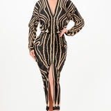 Printed deep V-neck pleats midi dress