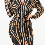 Printed deep V-neck pleats midi dress