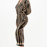 Printed deep V-neck pleats midi dress