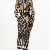 Printed deep V-neck pleats midi dress