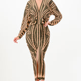 Printed deep V-neck pleats midi dress