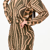 Printed deep V-neck pleats midi dress