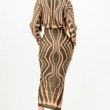 Printed deep V-neck pleats midi dress