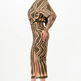 Printed deep V-neck pleats midi dress