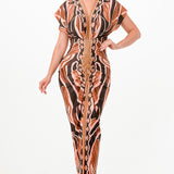 Printed deep V-neck pleats midi dress
