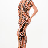 Printed deep V-neck pleats midi dress