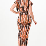 Printed deep V-neck pleats midi dress