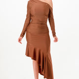 Long Sleeve Off The Shoulder Asymmetric Slim Midi Dress