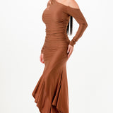 Long Sleeve Off The Shoulder Asymmetric Slim Midi Dress
