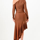 Long Sleeve Off The Shoulder Asymmetric Slim Midi Dress