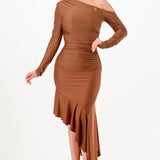 Long Sleeve Off The Shoulder Asymmetric Slim Midi Dress