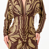 Printed deep V-neck pleats midi dress
