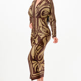 Printed deep V-neck pleats midi dress