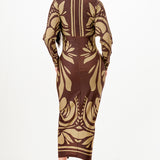 Printed deep V-neck pleats midi dress