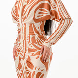 Printed deep V-neck pleats midi dress