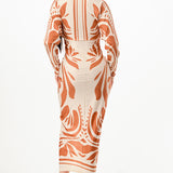 Printed deep V-neck pleats midi dress