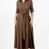 Pinstripe Belted Shirt Midi Dress