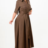 Pinstripe Belted Shirt Midi Dress