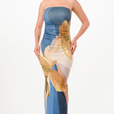 Floral Denim-Effect Print Maxi Slit Dress