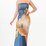 Floral Denim-Effect Print Maxi Slit Dress