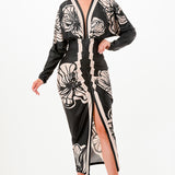 Floral Deep V-neck Pleats Midi Dress