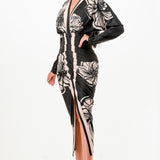 Floral Deep V-neck Pleats Midi Dress