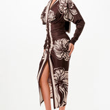 Floral Deep V-neck Pleats Midi Dress