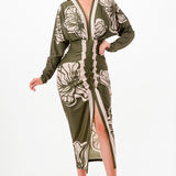 Floral Deep V-neck Pleats Midi Dress