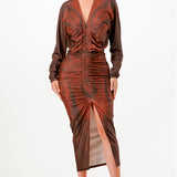 Front Ruched V-Neck Midi Dress