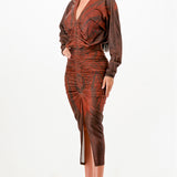 Front Ruched V-Neck Midi Dress